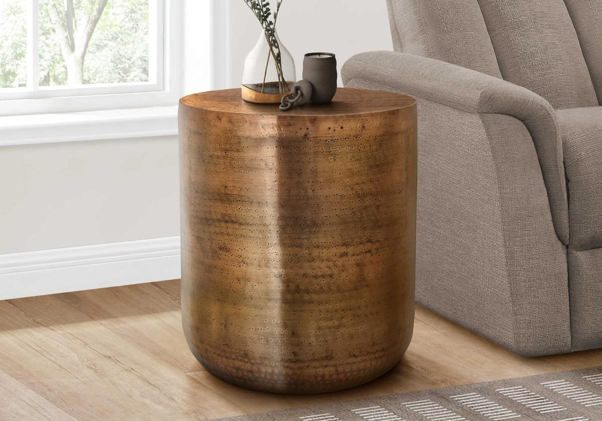 Accent Table Antique Copper Iron Drum End Table I 3905