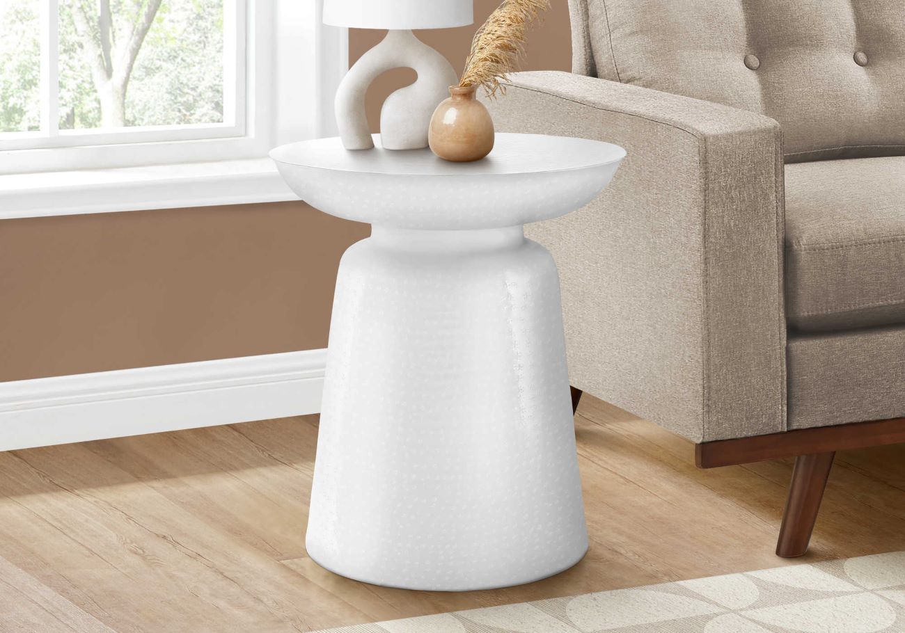 Accent Table White Textured Iron Metal Drum End I 3917